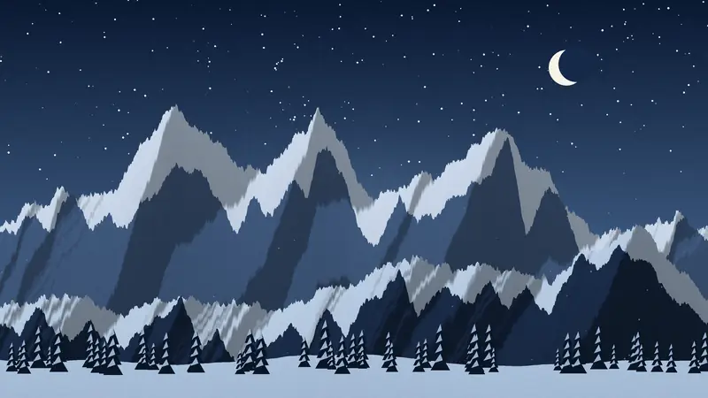 Illustration: jagged Rocky Mountain peaks under a cold, starry night