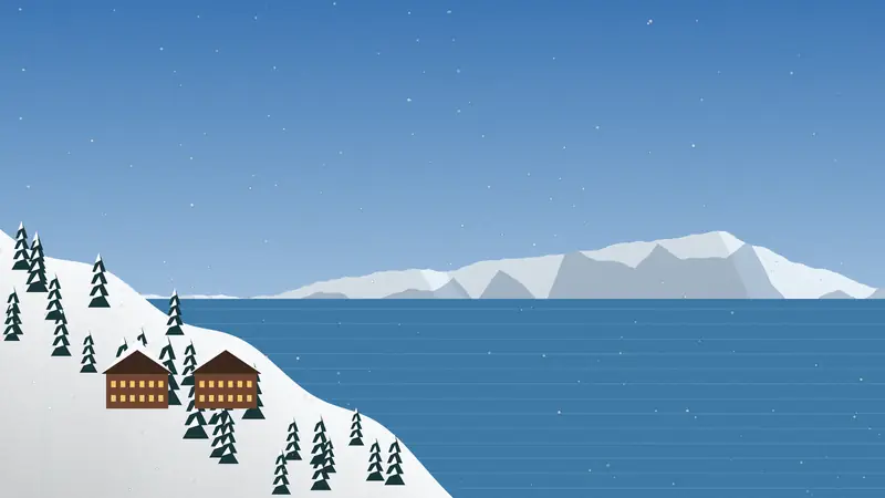 Illustration: snowy chalets and trees on a slope above the Pacific Ocean