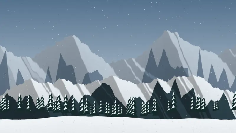 Illustration: deep snow and dark coastal forest below a remote northern peak