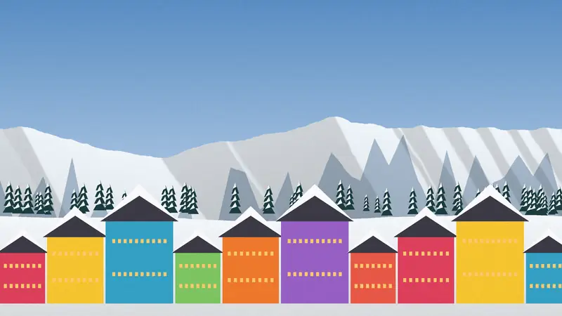 Illustration: a row of brightly painted Victorian-style village buildings in the snow