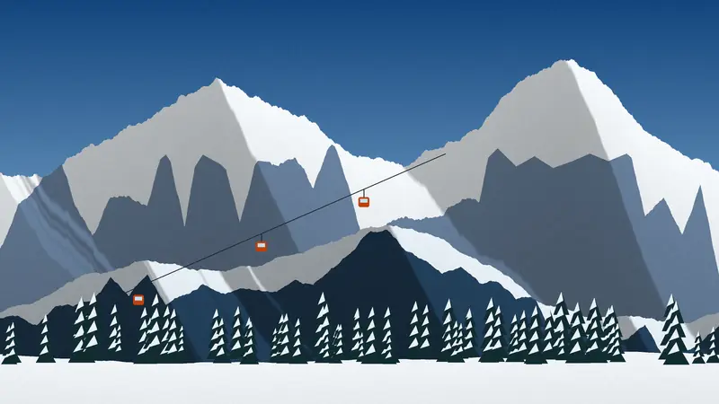 Illustration: huge snowy coastal peaks with an orange gondola crossing the valley